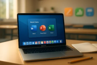 Apple MacBook displaying Microsoft Office application icons