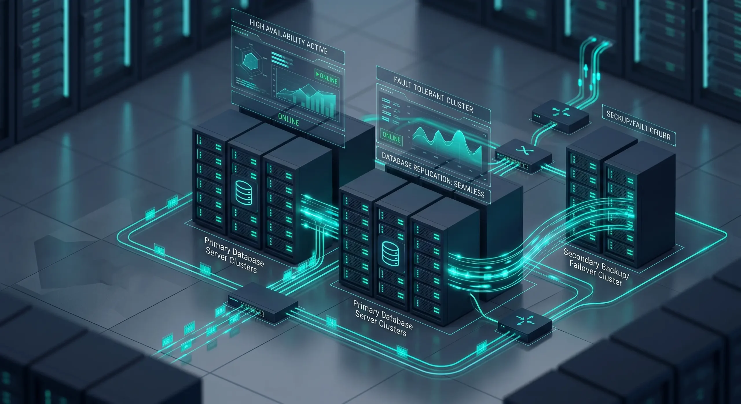 Abstract IT visualization of SQL Server 2022 database replication and high availability clusters.