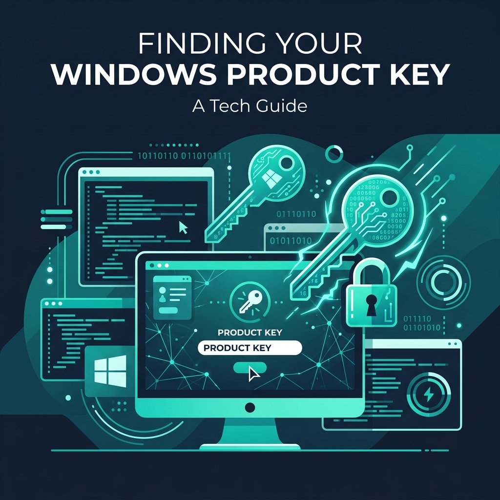 Een strakke illustratie van digitale sleutels en computerschermen die laat zien hoe je een Windows productcode vindt.