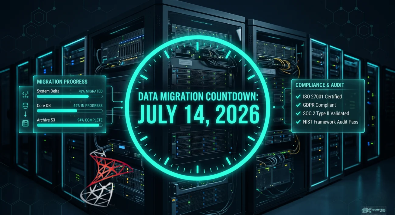 Illustration of SQL Server 2016 end-of-support countdown with teal accent clock and server migration compliance panels on dark slate background