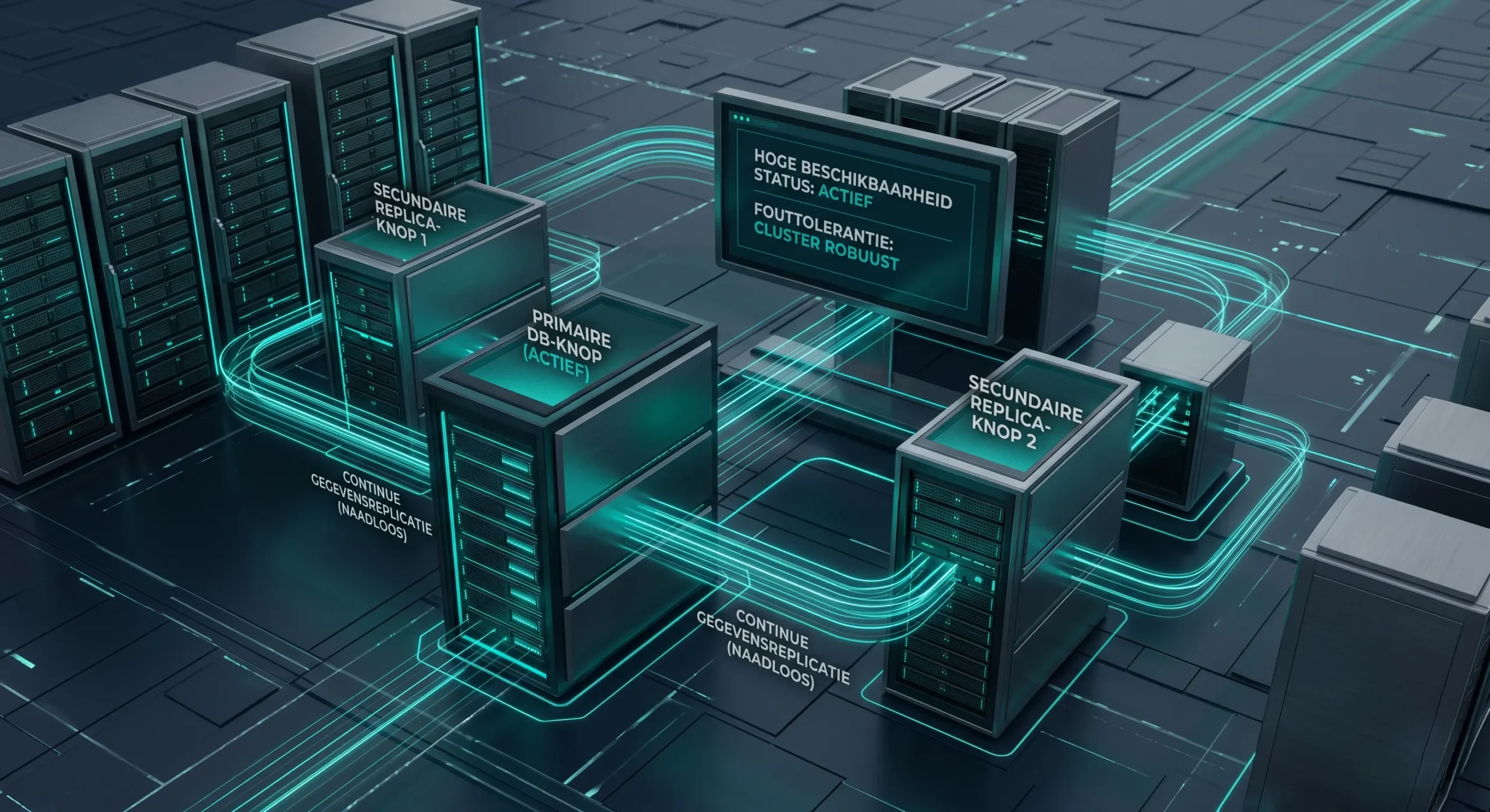 Abstracte IT-visualisatie van SQL Server 2022 database-replicatie en high-availability clusters.