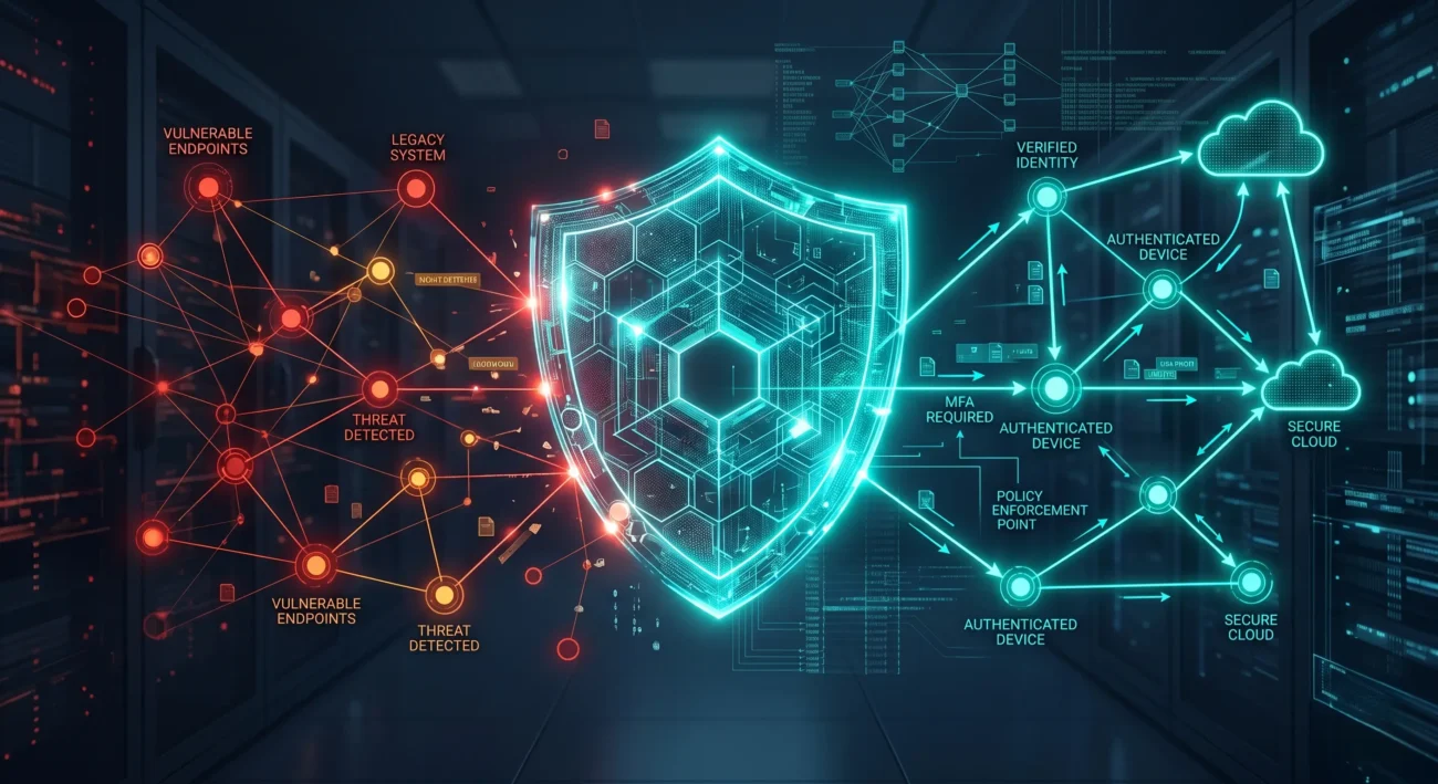 Abstract IT infrastructure visualization demonstrating a secure enterprise migration to Windows 11 Pro.