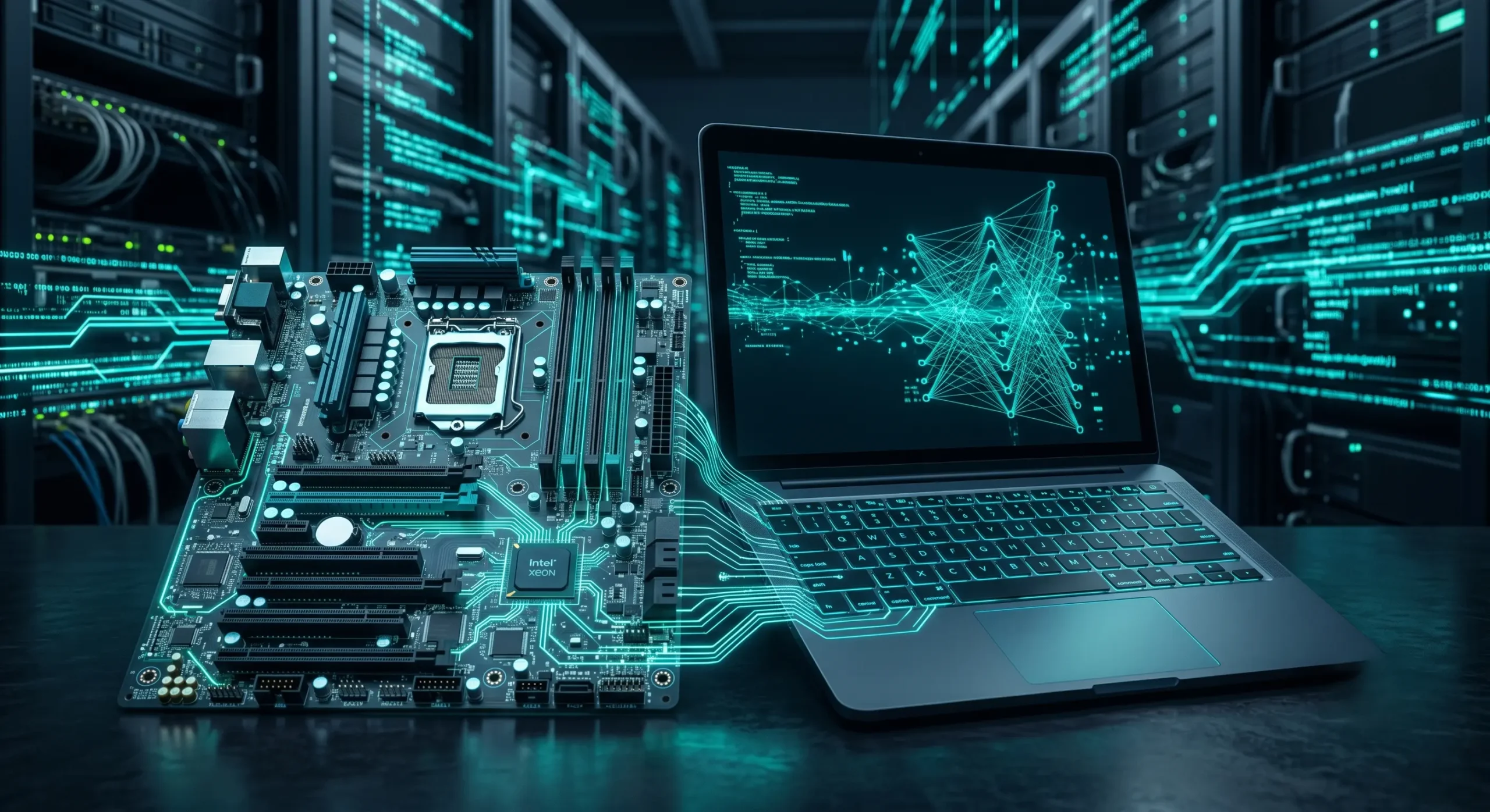 An architectural rendering of a corporate IT deployment with deep slate and vibrant teal design accents symbolizing mass Windows 11 Pro provisioning.