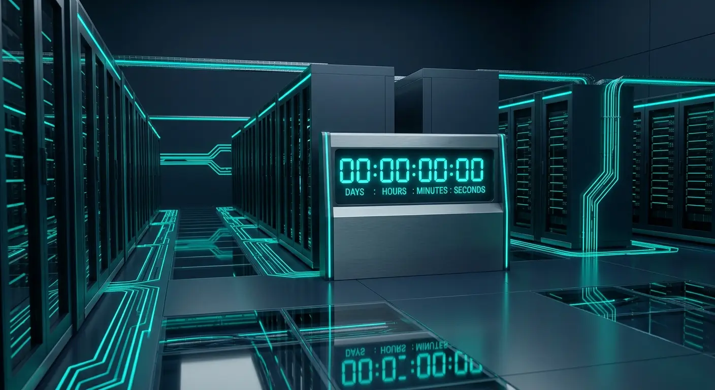An abstract architectural rendering of a corporate data center with deep slate and vibrant teal design accents symbolizing the Windows Server 2012 migration deadline.