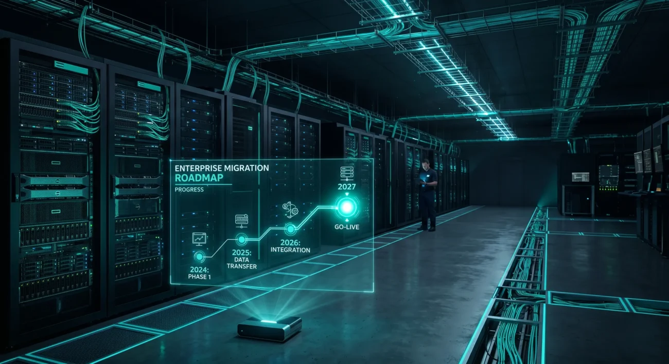 3D render of a high-tech corporate server room showing a digital migration roadmap toward the 2027 Windows Server 2016 end of life deadline.