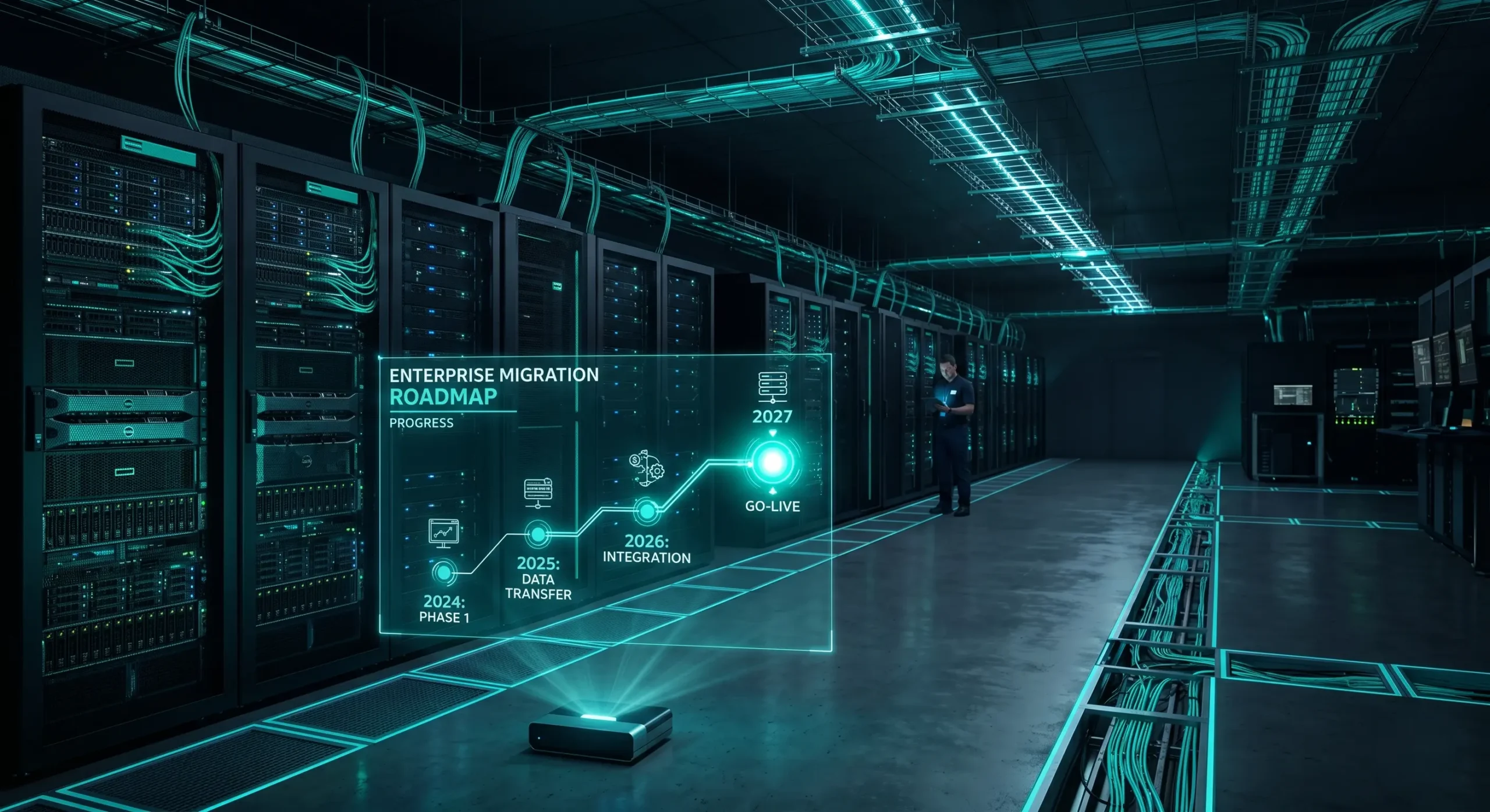3D render of a high-tech corporate server room showing a digital migration roadmap toward the 2027 Windows Server 2016 end of life deadline.
