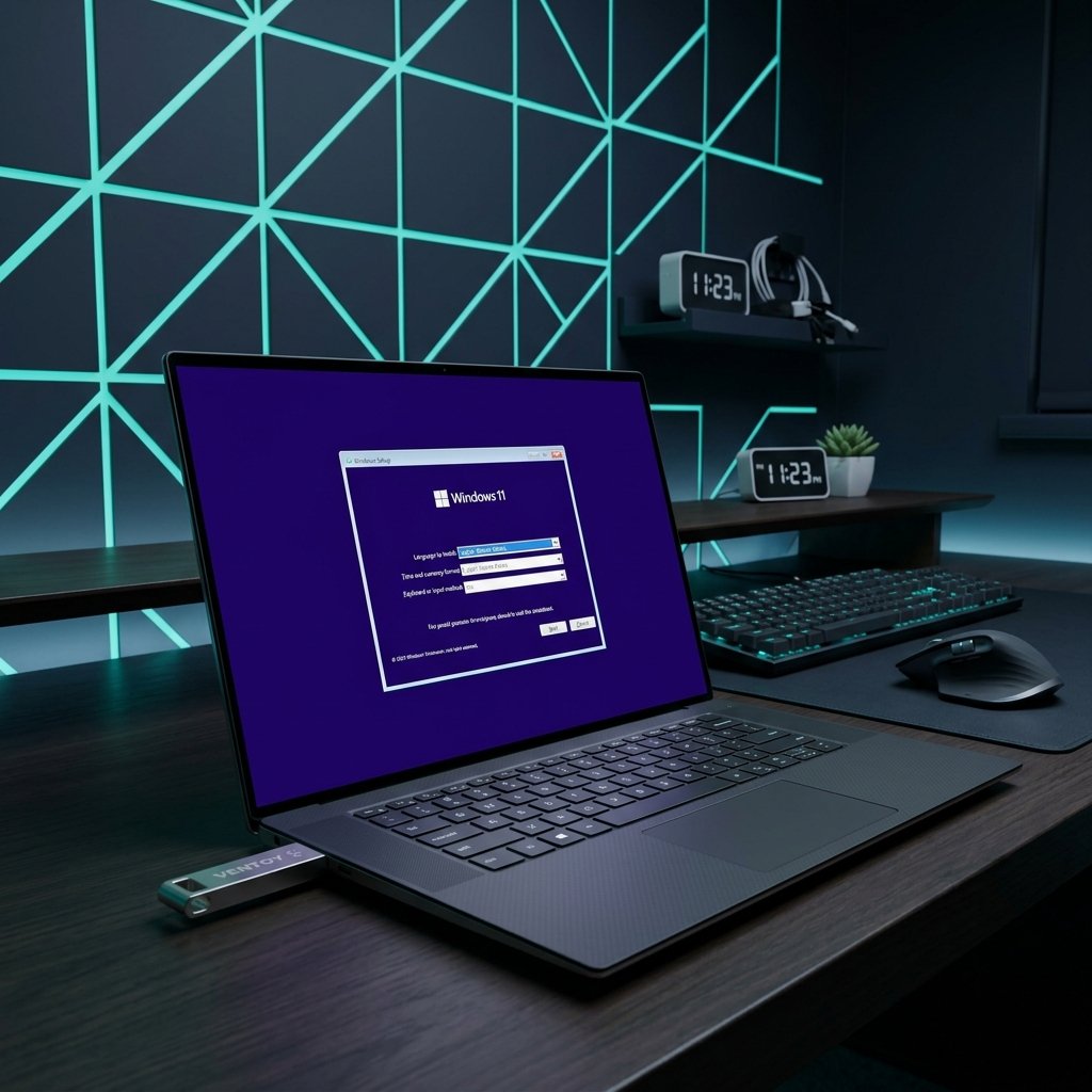 Laptopscherm dat het Windows 11 installatiescherm toont met een aangesloten opstartbare USB-stick.