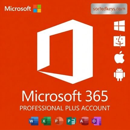 Microsoft 365 Professional Plus Account flat cover showing 5 devices and 1 year subscription for PC and Mac.