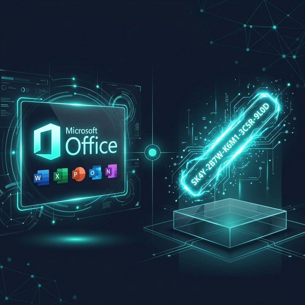 Microsoft Office logo oplichtend met een digitale productcode