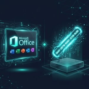 Microsoft Office logo glowing with a digital product key
