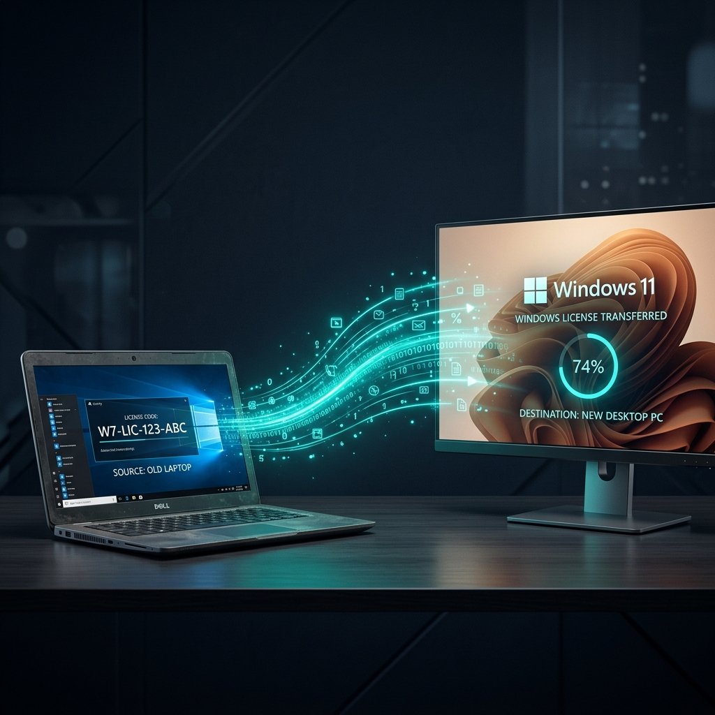 Digital transfer of a Windows license from an old laptop to a new desktop computer.