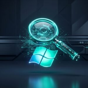 Uma lupa digital brilhante pairando sobre o logotipo do Windows em um fundo ardósia escuro e verde-azulado.