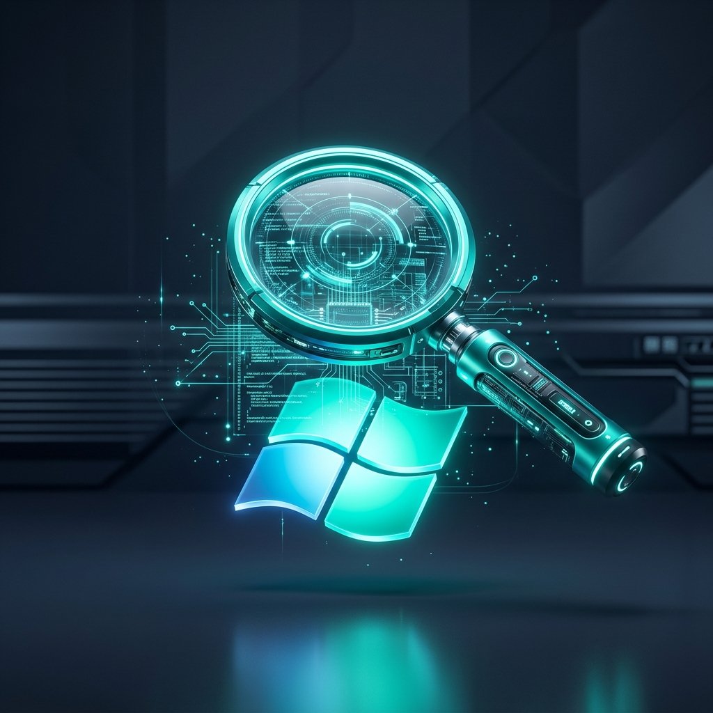 A glowing digital magnifying glass hovering over a Windows logo on a dark slate and teal background.