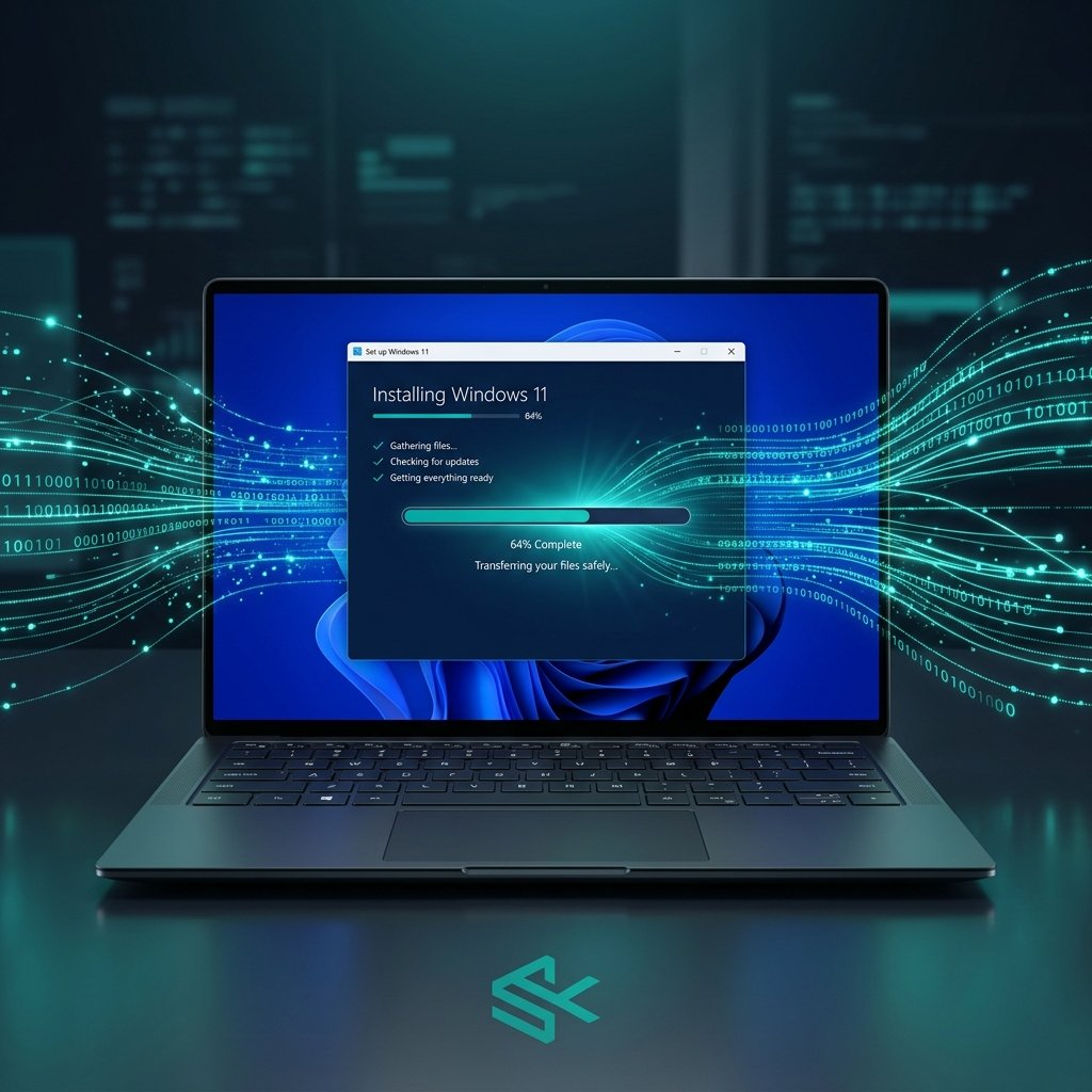 Laptop showing the Windows 11 reset process with glowing data transferring safely