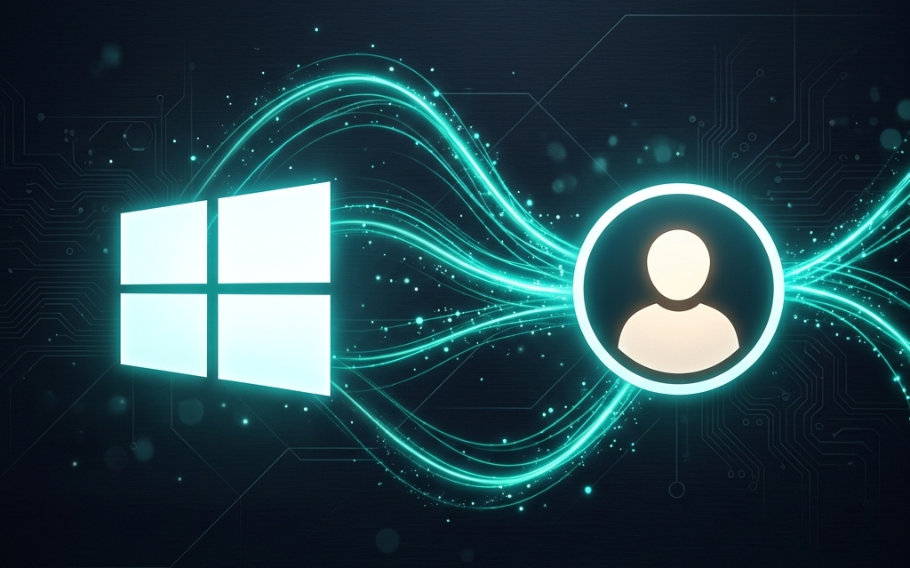 Windows-logo verbonden met een Microsoft-account profielpictogram op een hightech groenblauwe en leigrijze achtergrond.