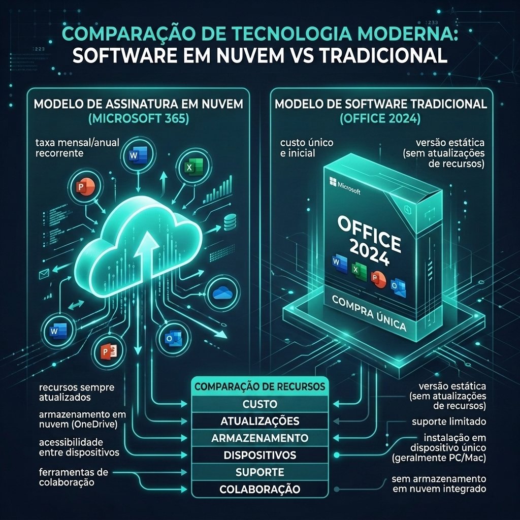 Gráfico que compara a assinatura na cloud do Microsoft 365 com a compra única do Office 2024.