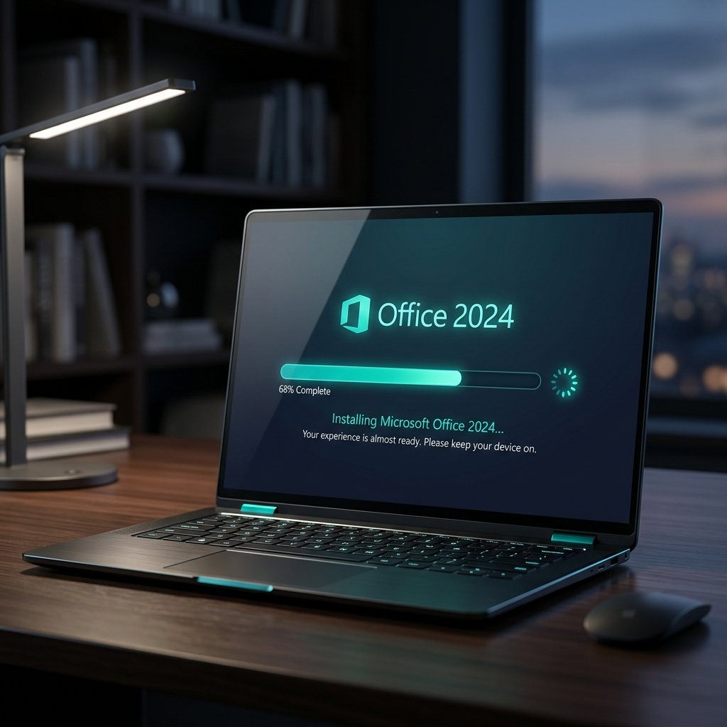 Laptop die de Microsoft Office 2024 installatie en setup voortgangsbalk weergeeft