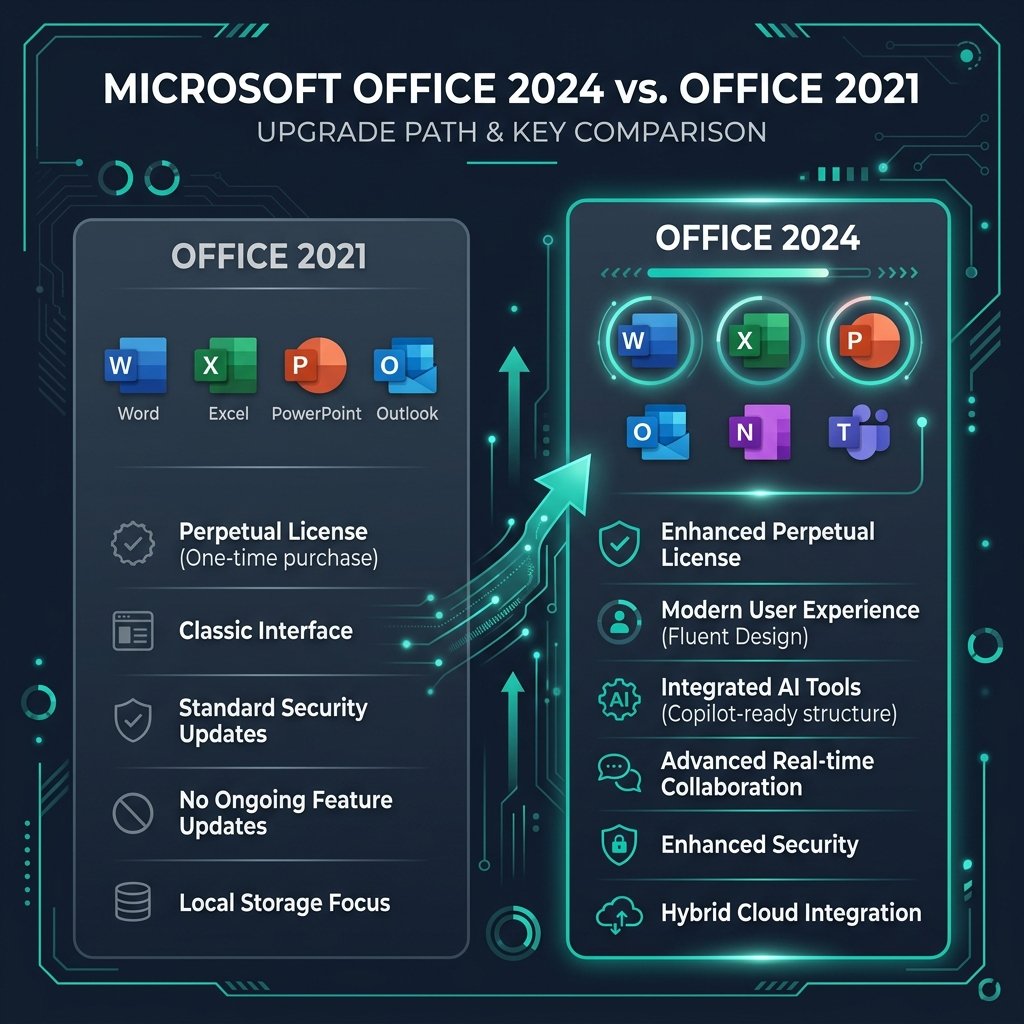 Graphic comparing Microsoft Office 2024 and Office 2021 features.