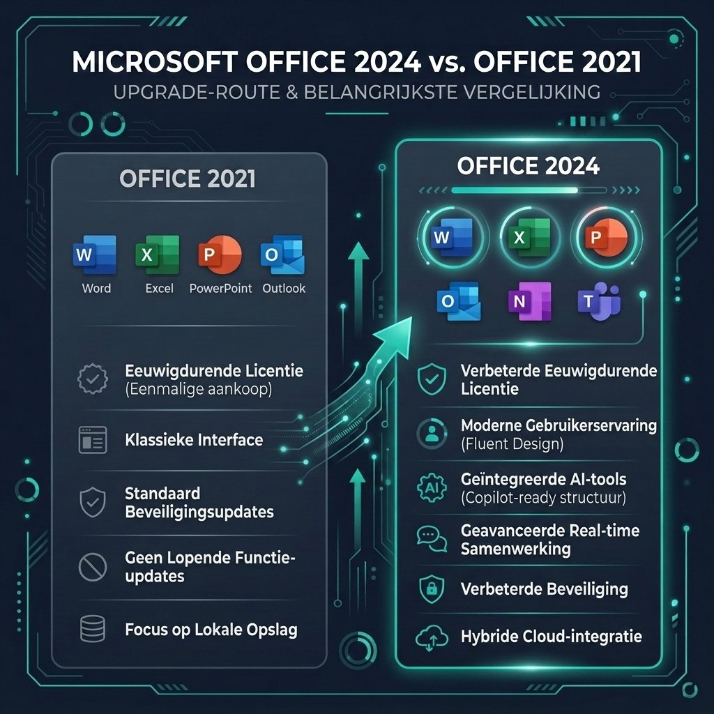 Grafiek die Microsoft Office 2024 en Office 2021 functies vergelijkt.