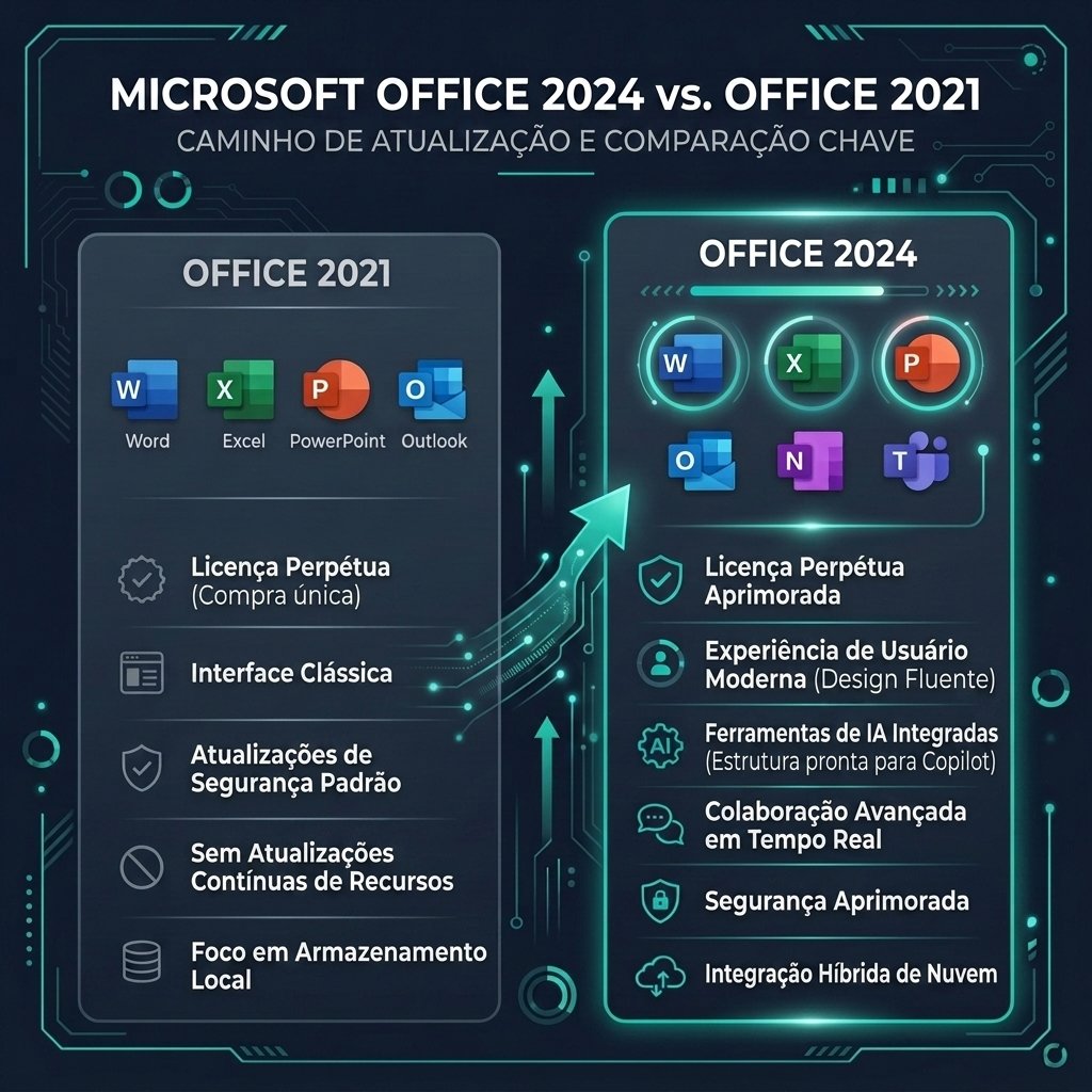 Gráfico comparativo das funcionalidades do Microsoft Office 2024 e Office 2021.