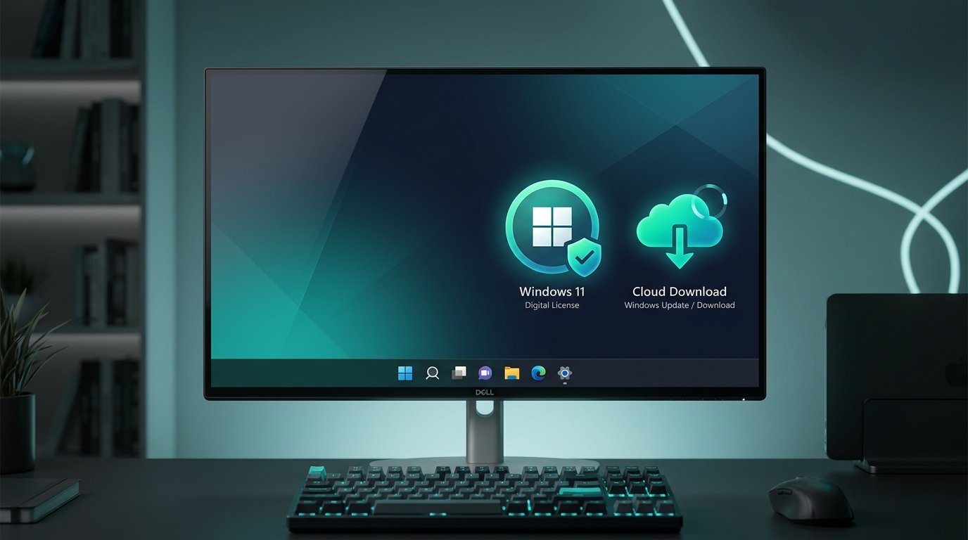 Ambiente de trabalho do Windows 11 mostrando uma licença digital e um ícone de download na nuvem num fundo escuro.