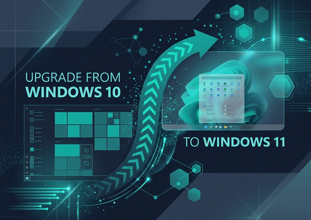 Sleek tech illustration showing the upgrade process from Windows 10 to Windows 11
