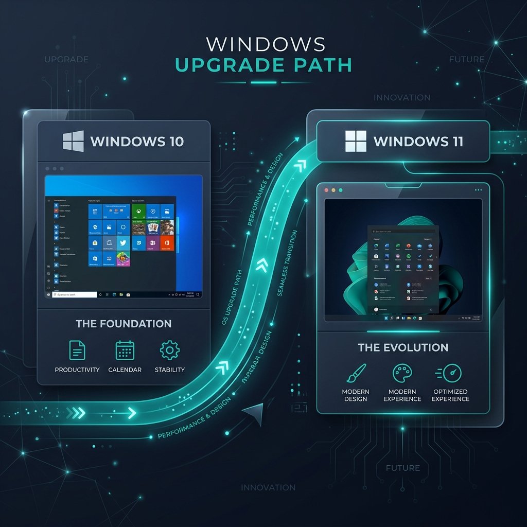 A sleek tech visualization comparing Windows 10 and Windows 11 OS upgrade paths.