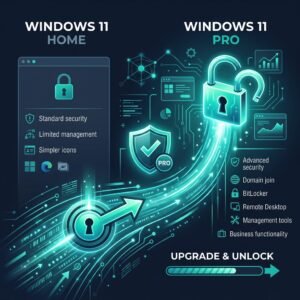 A sleek tech aesthetic illustration representing the upgrade from Windows 11 Home to Windows 11 Pro
