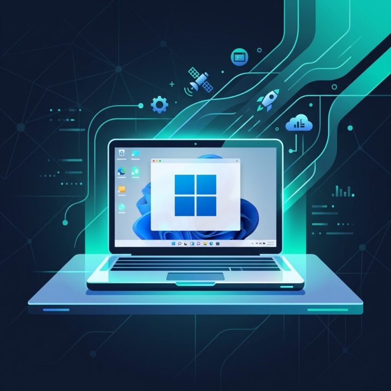 Uma ilustração tecnológica elegante de um novo processo de configuração de computador com o logótipo do Windows 11.