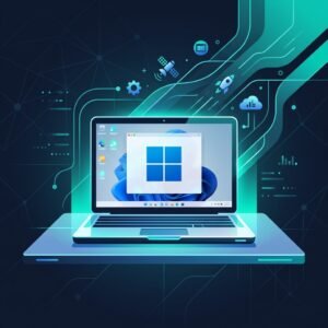 A sleek tech illustration of a new computer setup process featuring the Windows 11 logo.