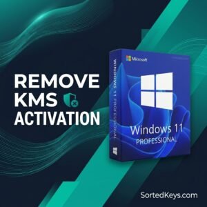 Windows 11 Professional box on dark slate background with text Remove KMS Activation.