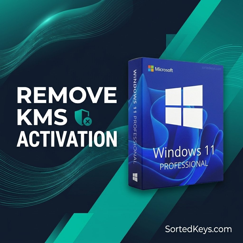 Windows 11 Professional box on dark slate background with text Remove KMS Activation.