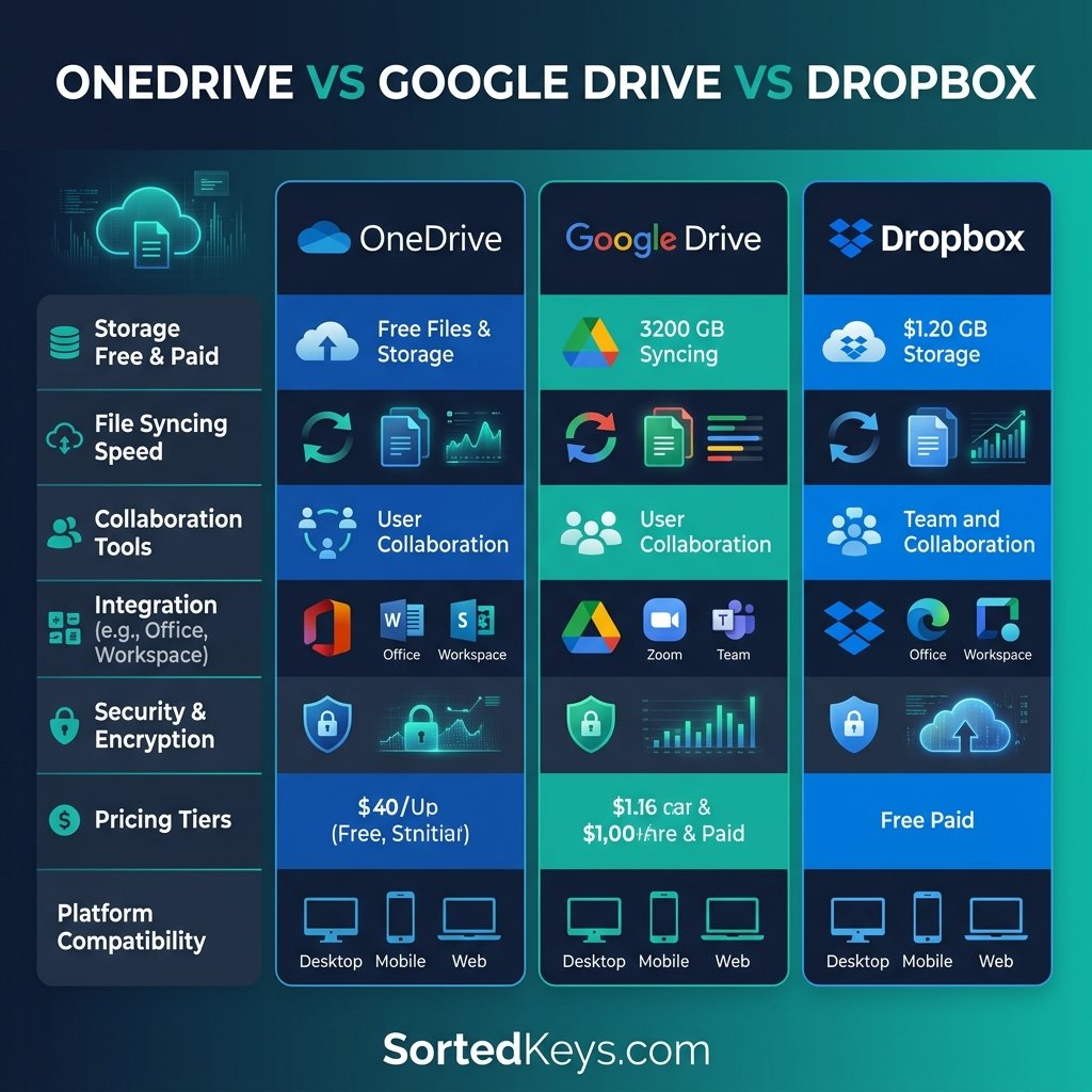 A sleek tech comparison graphic showing OneDrive vs Google Drive vs Dropbox with SortedKeys branding.