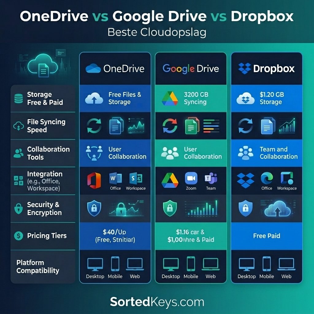 Een strakke technologische vergelijkingsgrafiek die OneDrive vs Google Drive vs Dropbox toont met SortedKeys branding.