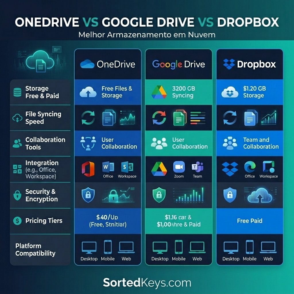 Um gráfico tecnológico de comparação mostrando o OneDrive vs Google Drive vs Dropbox com a marca SortedKeys.