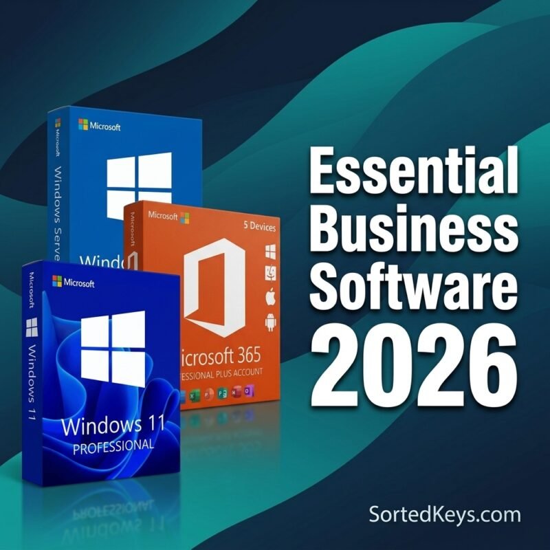 Caixas do Windows 11 Professional, Microsoft 365 e Windows Server com o texto Software Empresarial Essencial 2026.