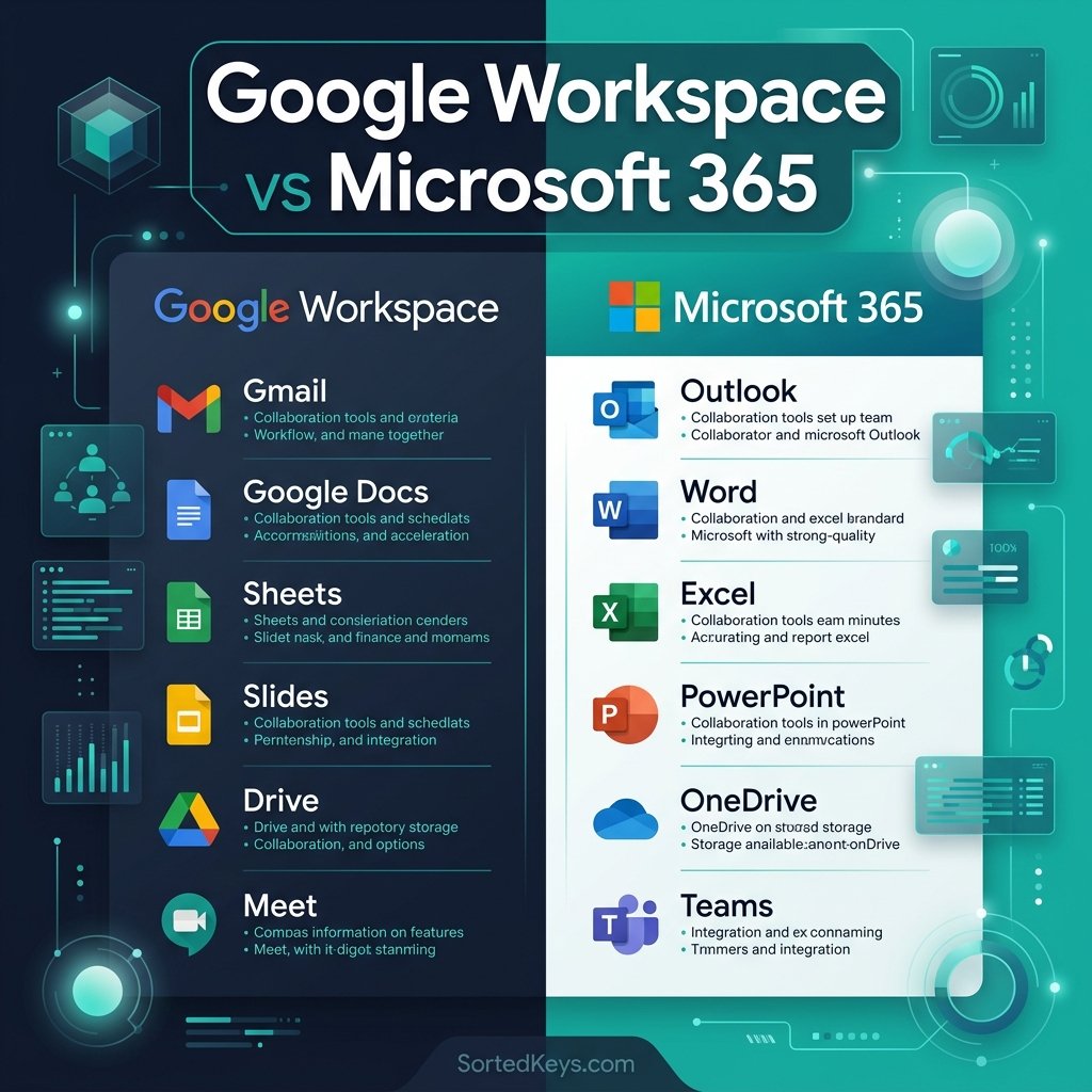 A sleek tech comparison graphic showing Google Workspace versus Microsoft 365, featuring the SortedKeys brand colors and watermark.