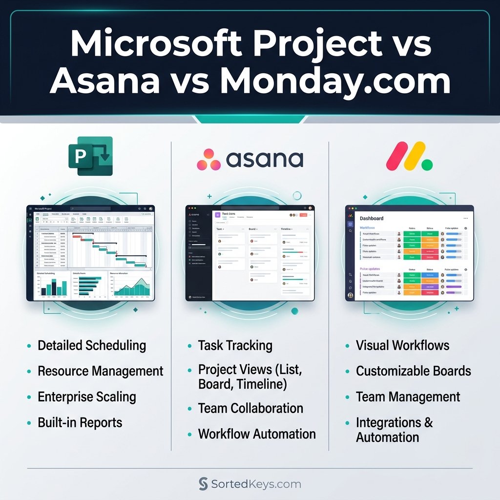 A sleek tech comparison graphic showing Microsoft Project versus Asana and Monday.com, featuring the SortedKeys brand colors and watermark.