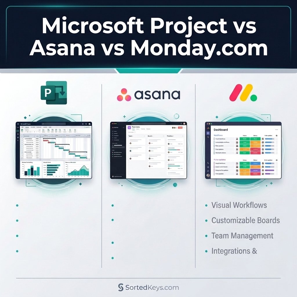 Um gráfico de comparação técnico e moderno mostrando o Microsoft Project versus Asana e Monday.com, com as cores da marca SortedKeys e marca de água.