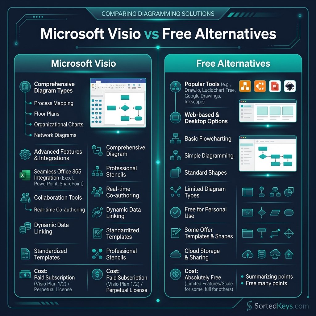 A sleek tech comparison graphic showing Microsoft Visio versus free flowchart alternatives, featuring the SortedKeys brand colors and watermark.