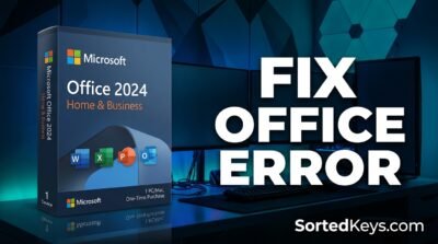 3D Microsoft Office 2024 software box next to bold text that says Fix Office Error on a dark background.