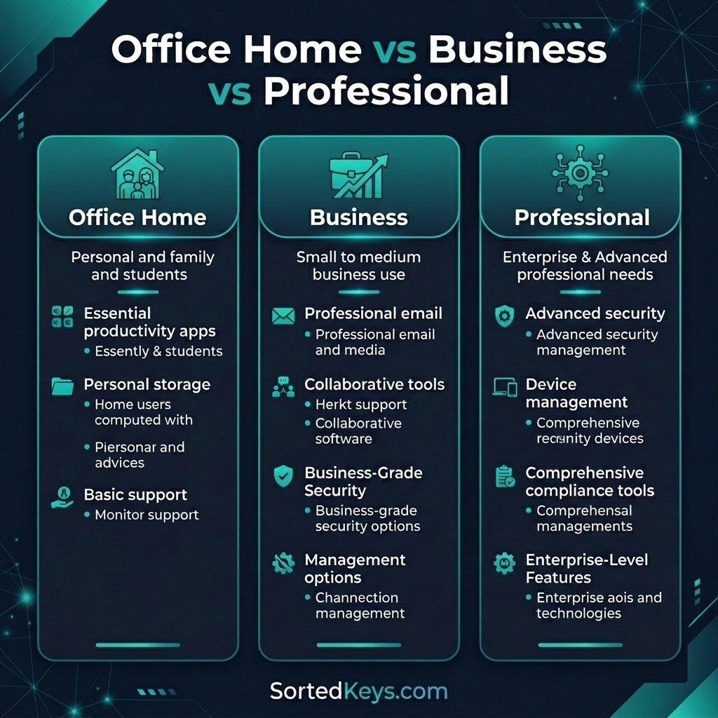 Um gráfico tecnológico de comparação mostrando o Microsoft Office Home vs Business vs Professional com a marca SortedKeys.