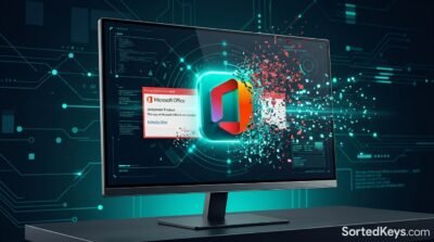 3D Microsoft Office logo with an Unlicensed Product error message dissolving