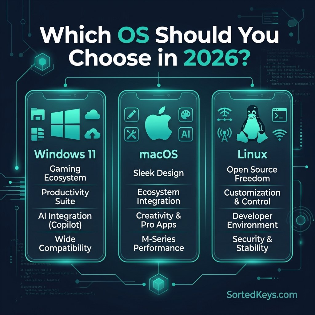 A sleek tech comparison banner showing Windows 11, macOS, and Linux operating systems