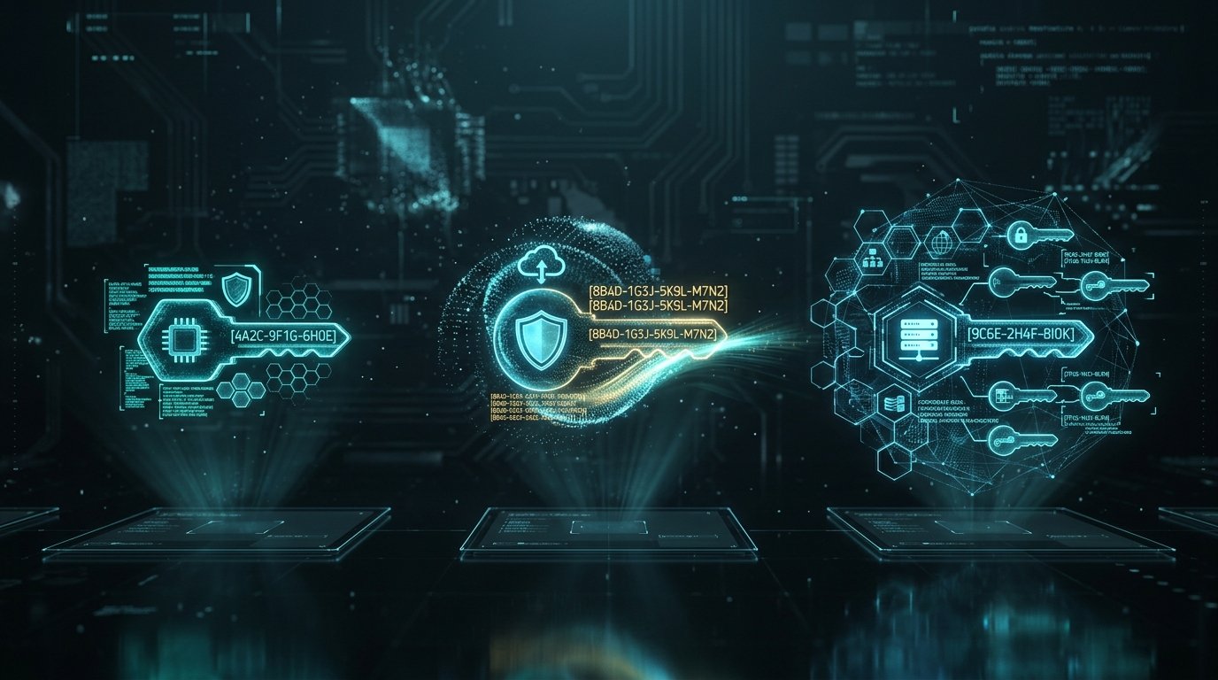 Three distinct glowing digital license keys representing OEM, Retail, and Volume licensing in a modern tech environment.