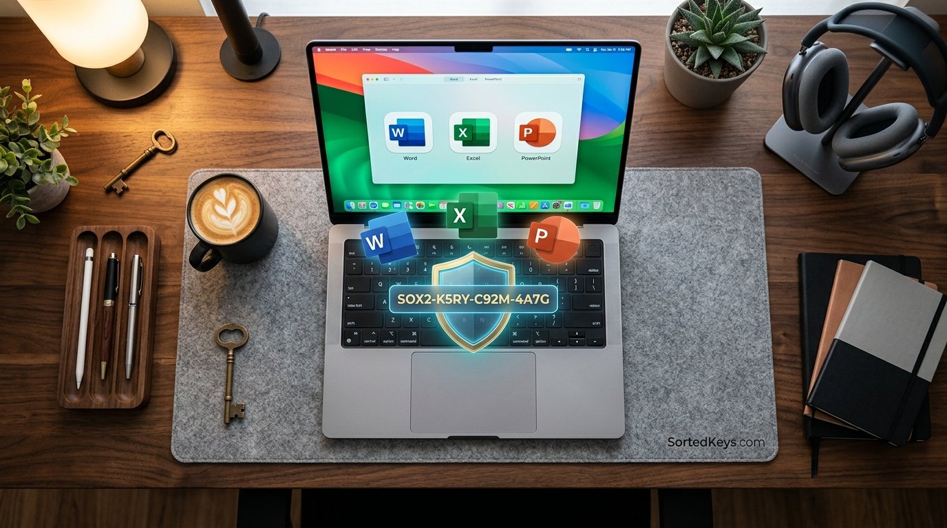 Uma mesa moderna com um notebook e ícones brilhantes de aplicativos do Microsoft Office, como Word, Excel e PowerPoint.