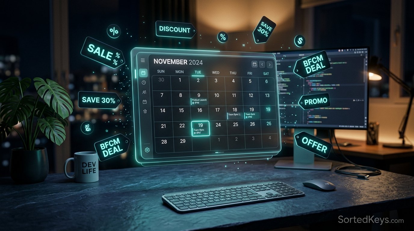 Een digitale kalender zwevend boven een bureau met digitale prijskaartjes die SALE en DISCOUNT tonen.