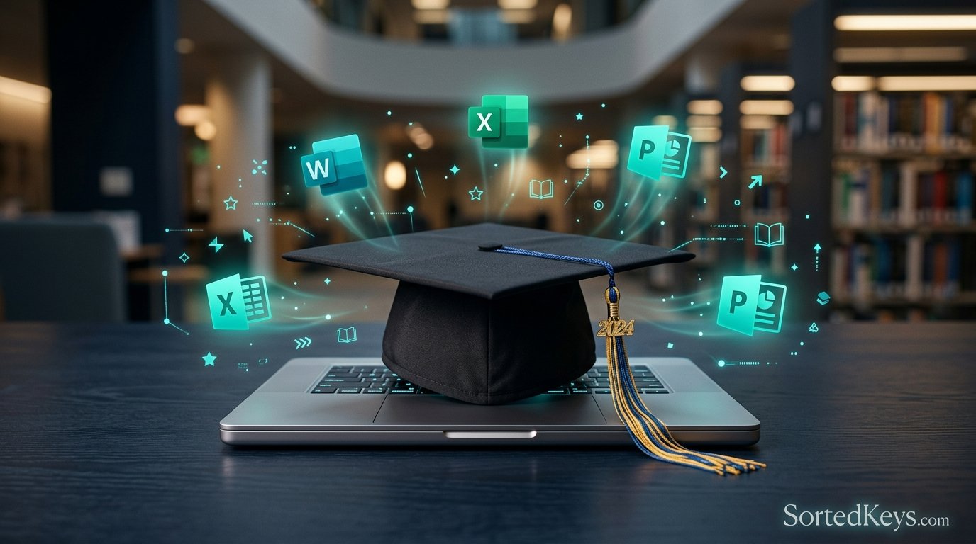 A graduation cap resting on a sleek modern laptop on a dark wooden desk, with glowing teal icons of Word, Excel, and PowerPoint floating around it.