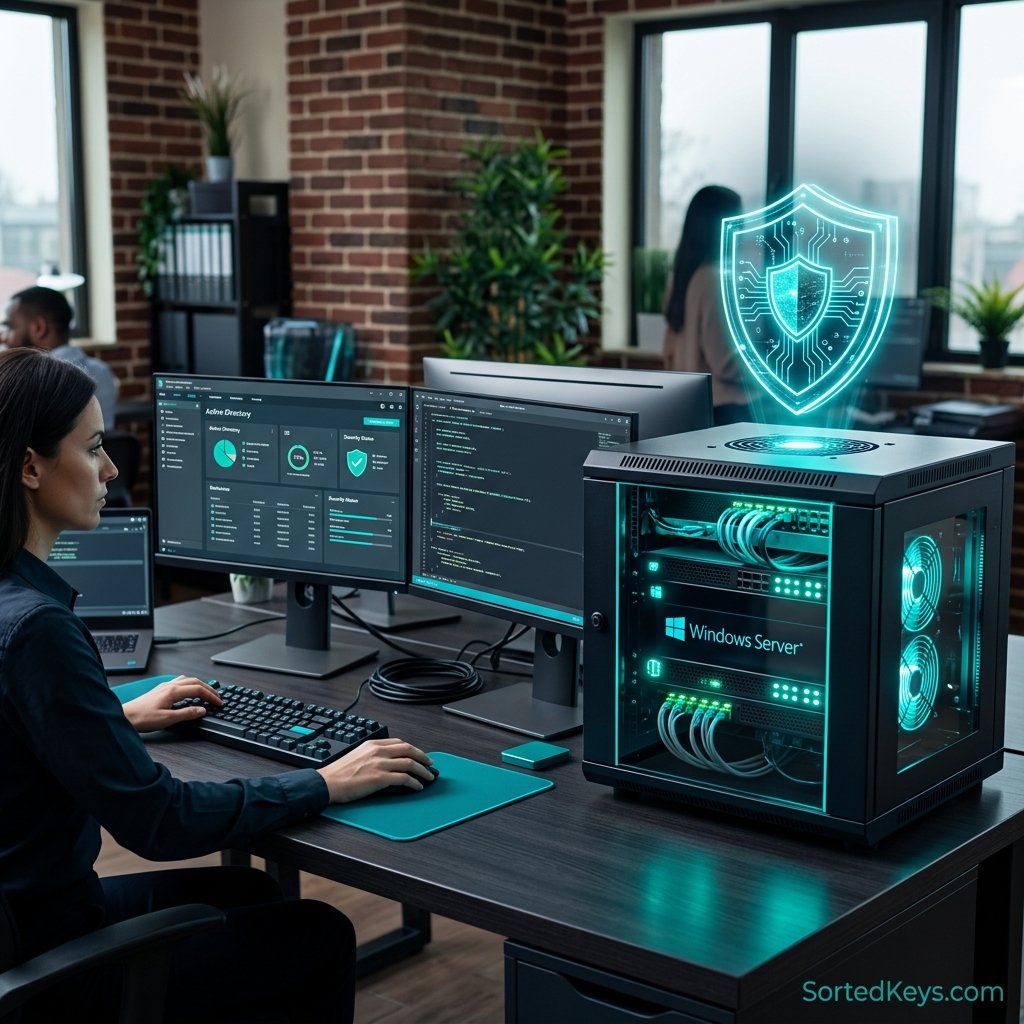 A modern small business office desk with a glowing, compact server rack next to it, symbolizing a Windows Server deployment. A digital shield icon hovers over the server, with SortedKeys watermark.