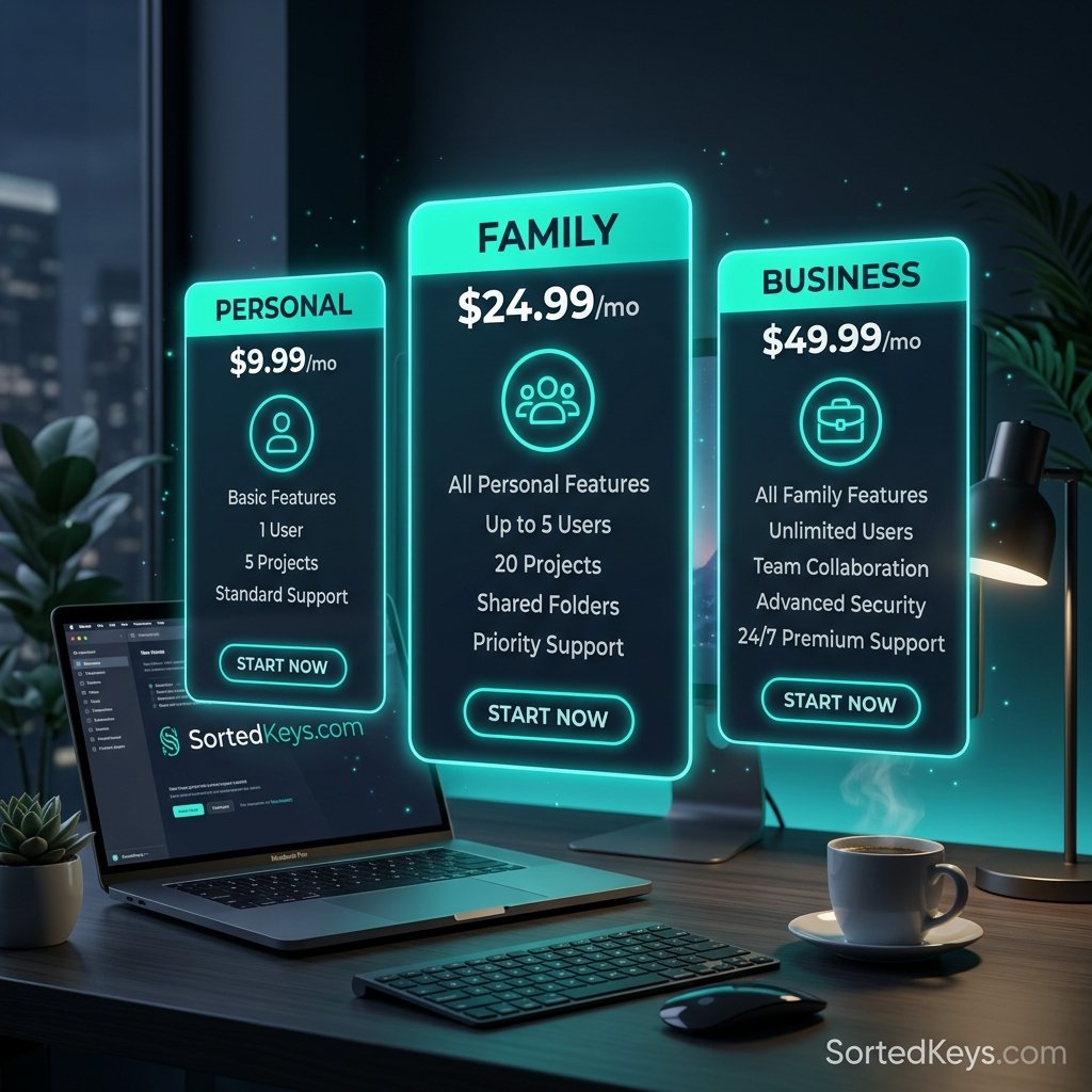 Three distinct floating digital glowing cards representing different subscription tiers (Personal, Family, Business) hovering over a modern office desk with a laptop and coffee. The text 'SortedKeys.com' is visible.